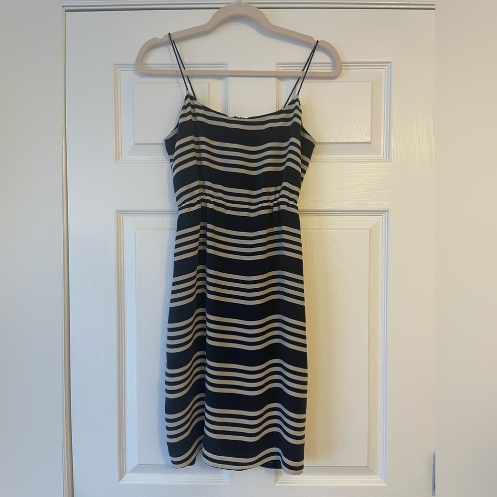 100% Silk Navy and White Striped J. Crew blouson dress